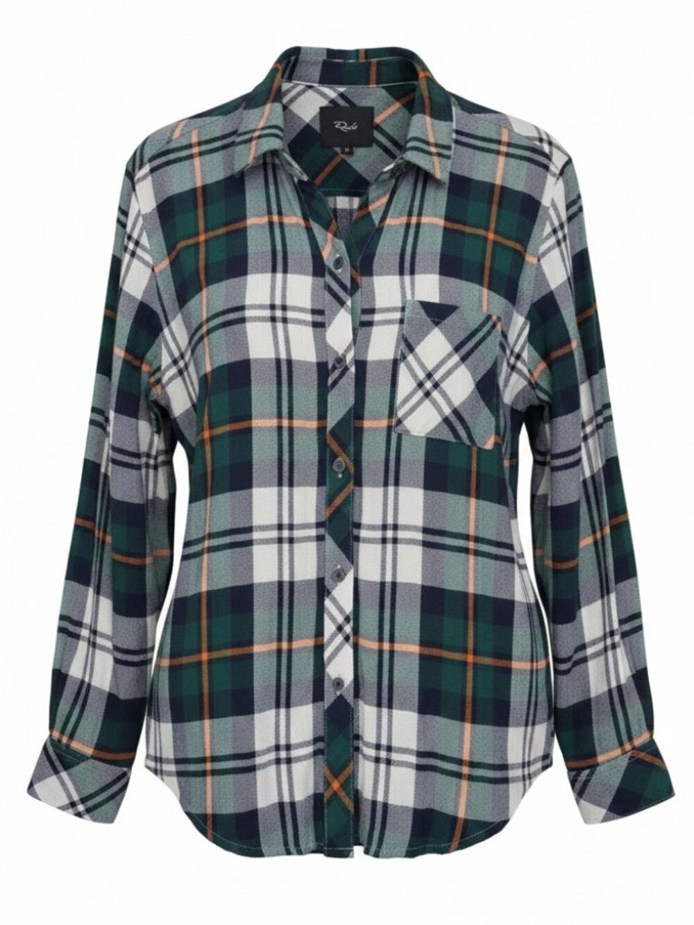Rails Kendra Plaid Flannel Button Front Shirt Green Navy White Orange Fall sz M